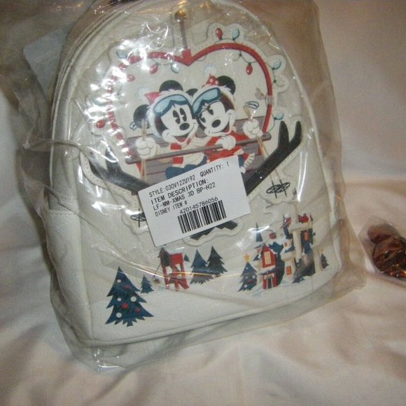 Mickey & Minnie Mouse Holiday Mini Backpack White Disney Loungefly & Keychain - Picture 11 of 12